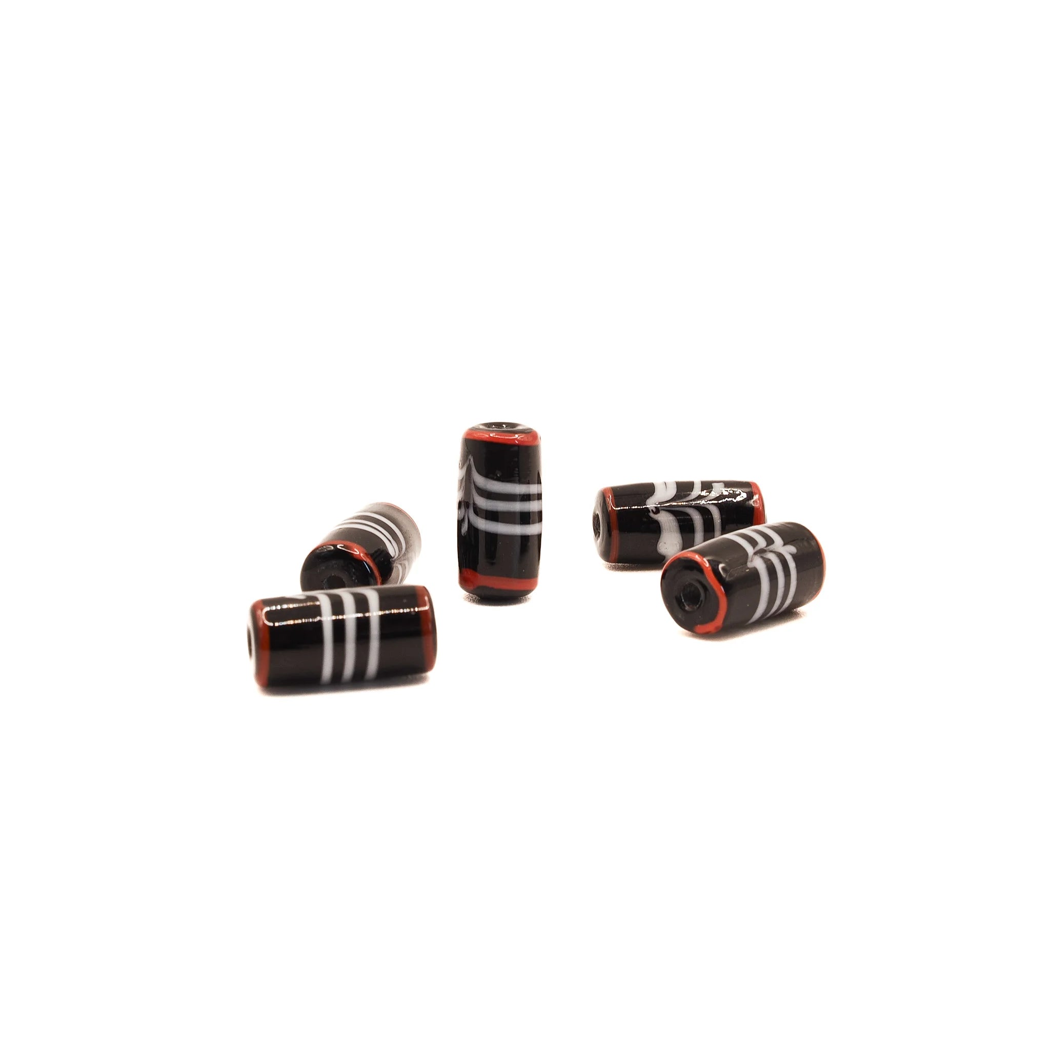 Black glass bead with grey/red decor, 100 grams