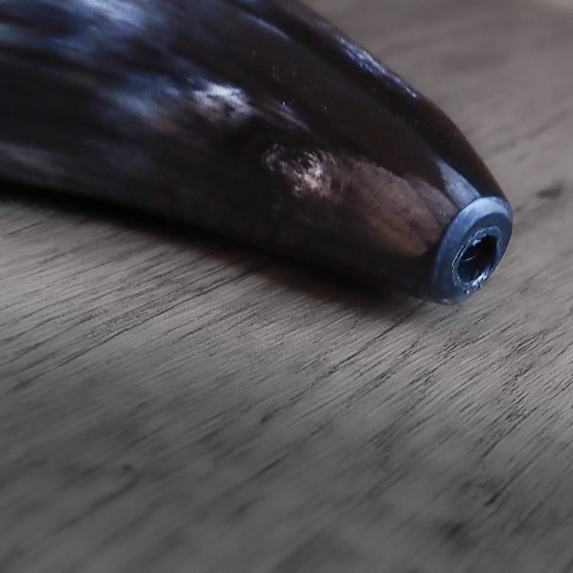 Närbild på mynningen av ett polerat blåshorn med en monterad tuta