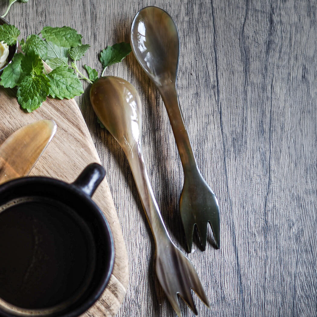 Spork in cow horns. 100% biodegradable