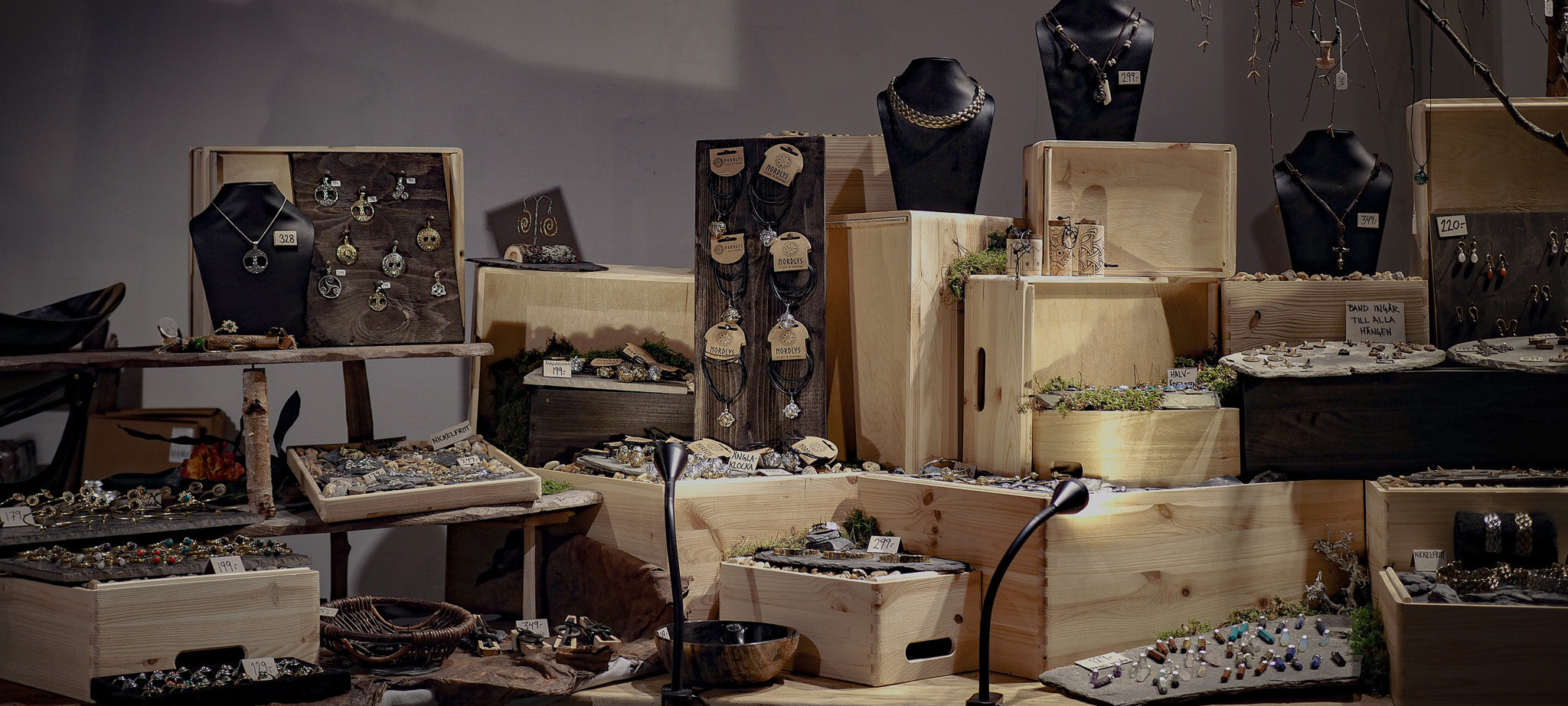 display of viking jewelry in a shop pendents earrings and rings