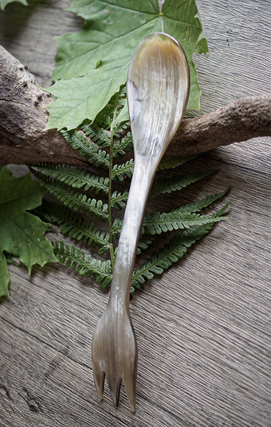 Spork in cow horns. 100% biodegradable