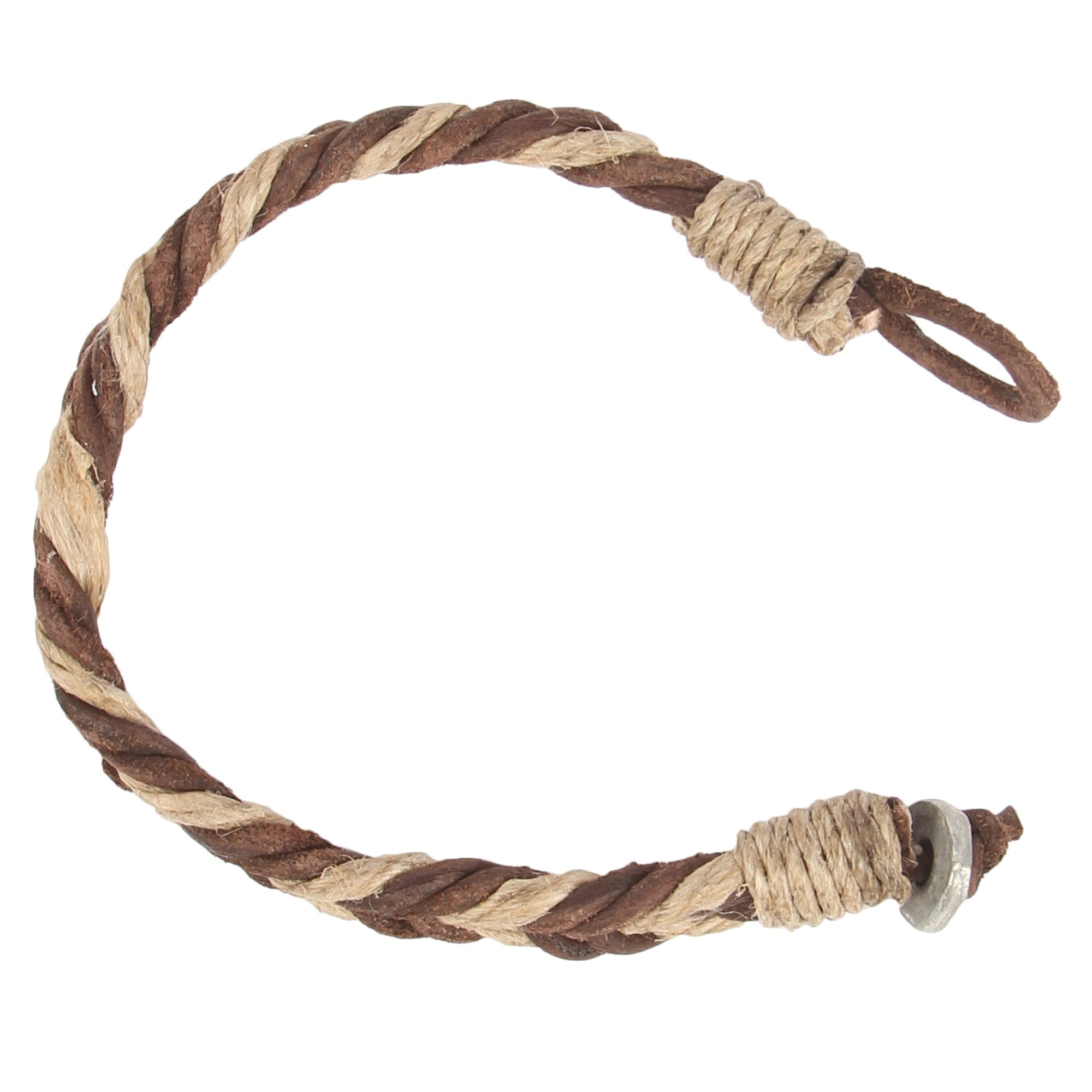 Fjalar vikingaarmband arkivfoto visar den kompletta flätade designen med brunt läder och naturlig färg, med kordstängning.