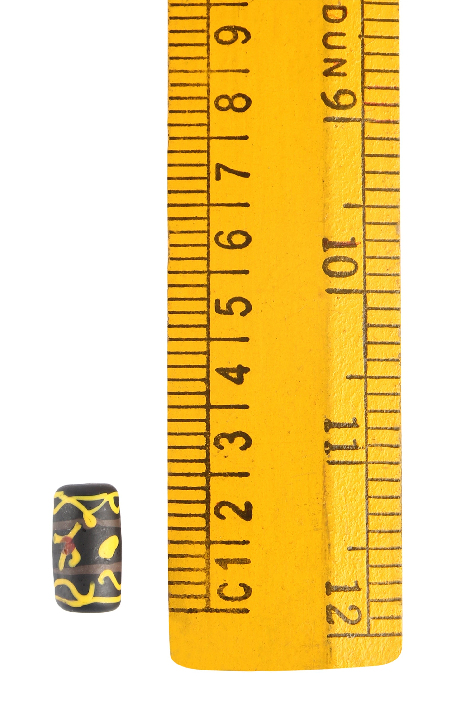 Svart glaspärla med gul dekor, 100 gram