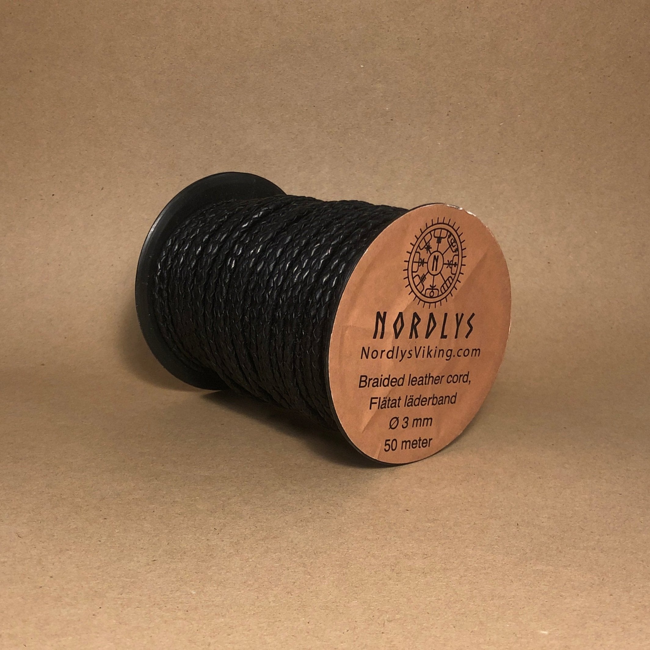 Braided leather cord 3 mm black, 50 meters