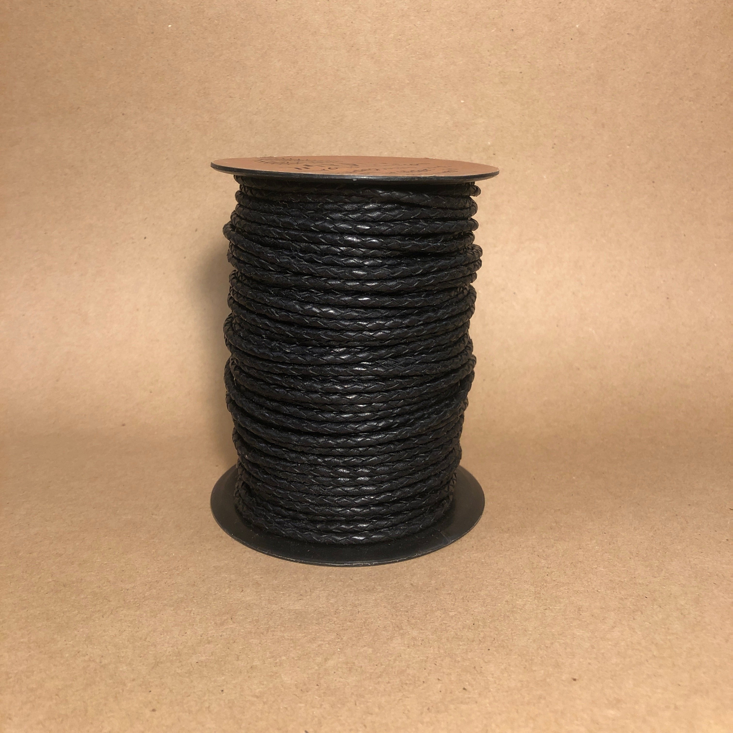 Braided leather cord 3 mm black, 50 meters