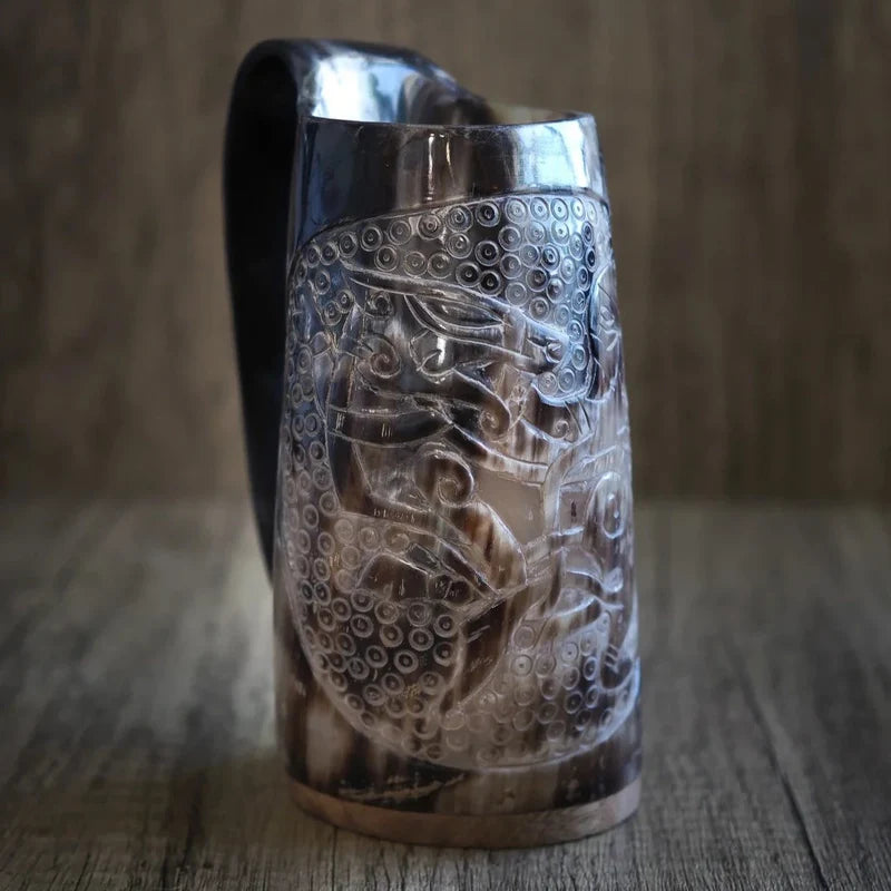 Hand carved horn mug, Tyr and Fenris