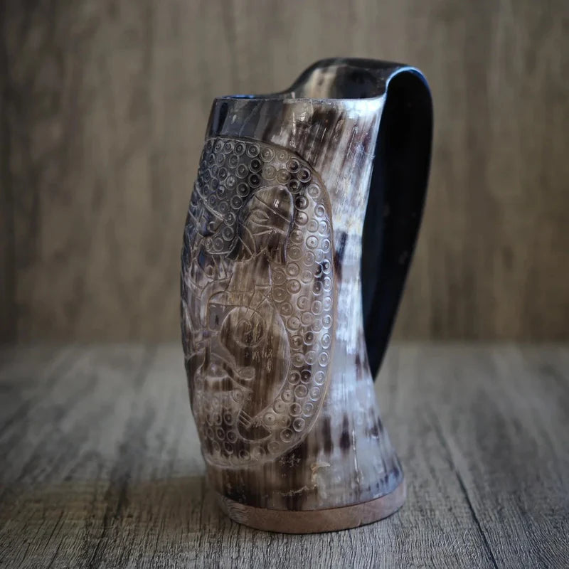 Hand carved horn mug, Tyr and Fenris