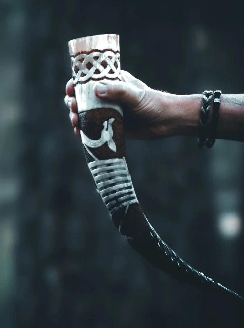 Deep carved drinking horn, Viking ship