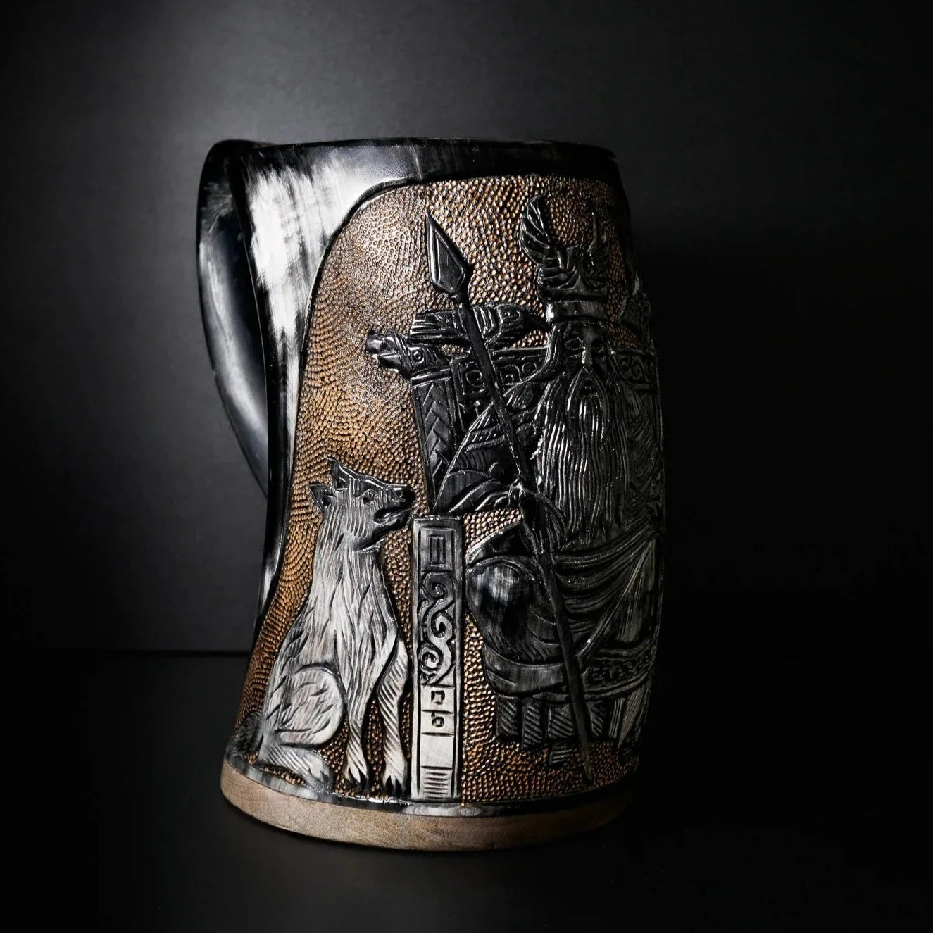 Hand carved horn mug, Allfather Odin