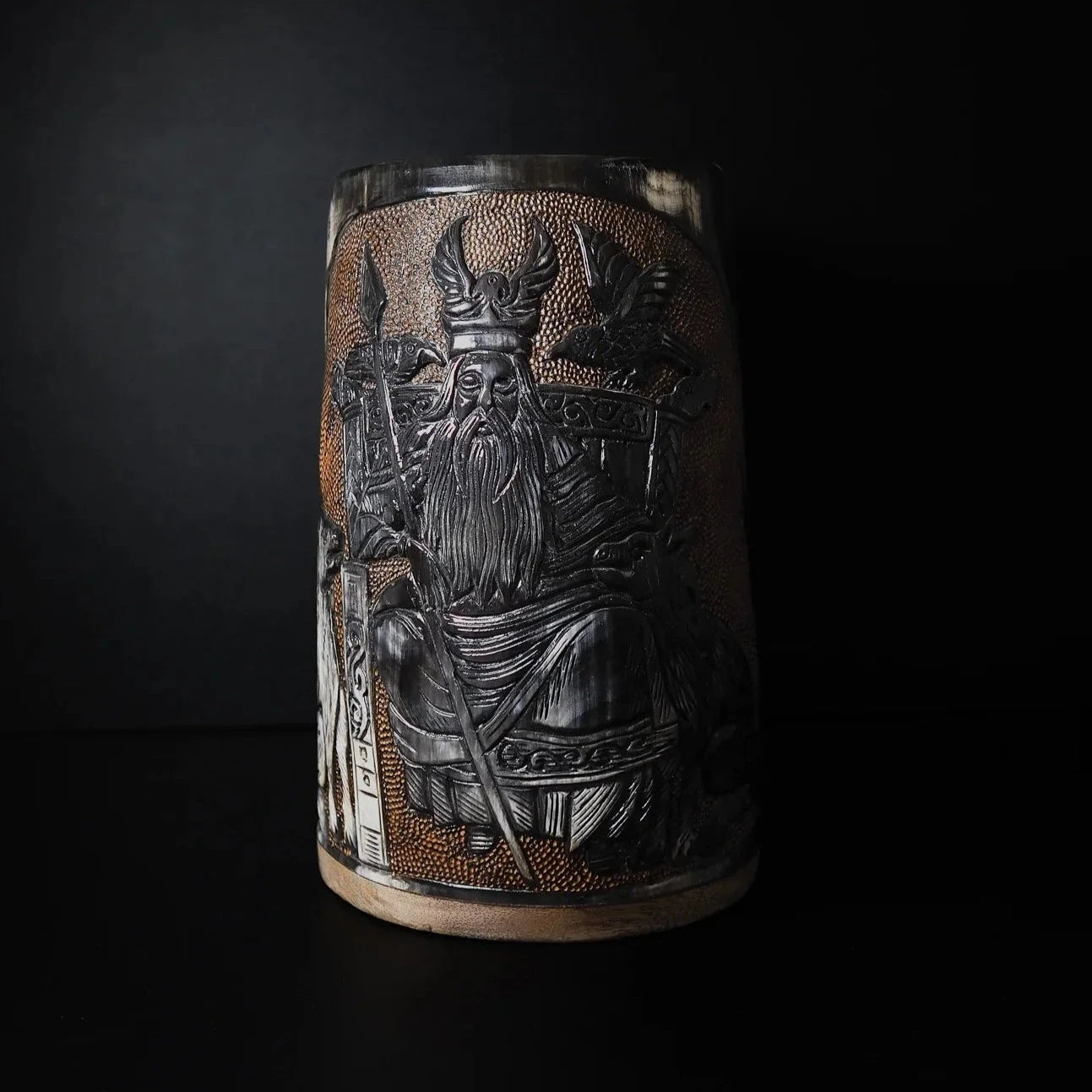 Hand carved horn mug, Allfather Odin