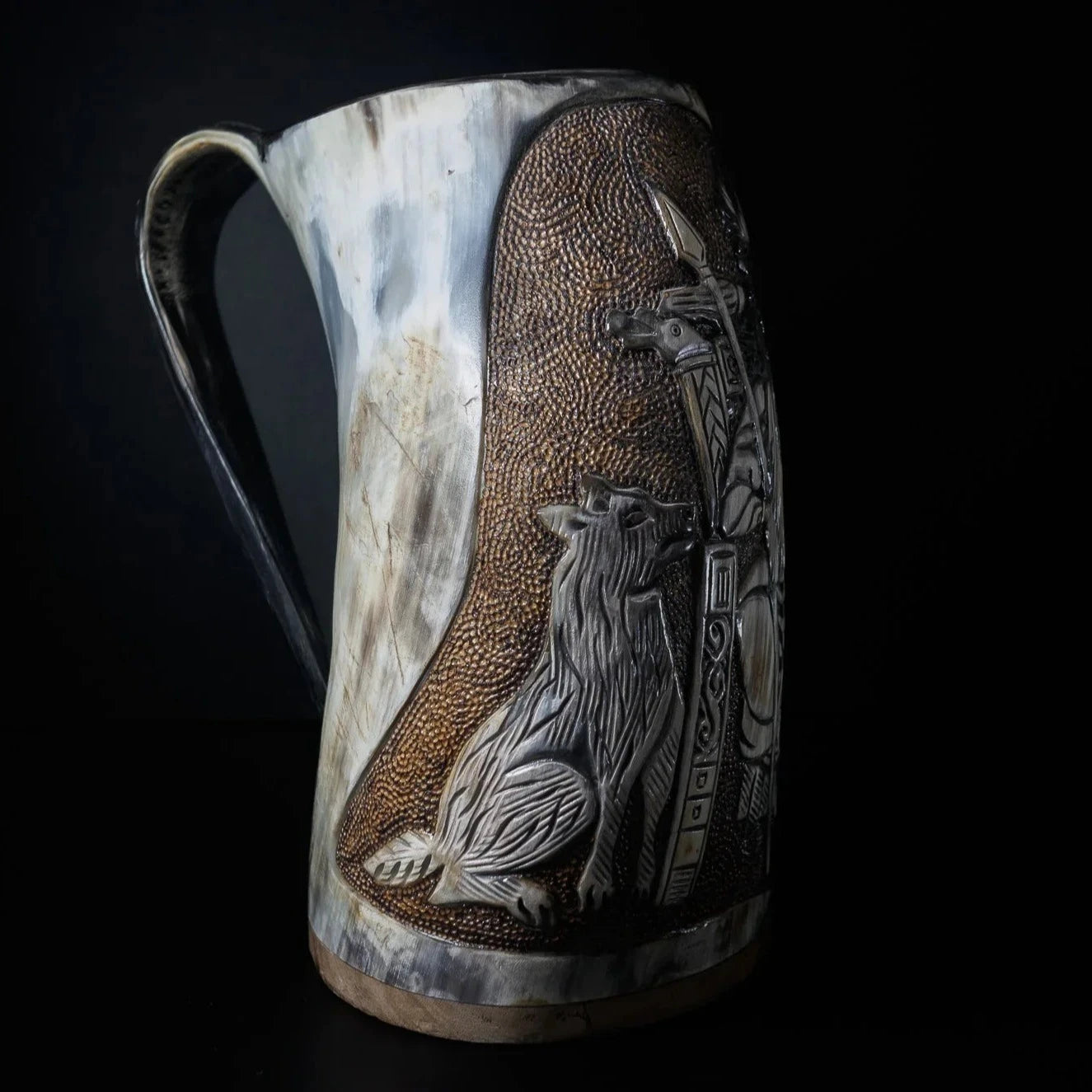 Hand carved horn mug, Allfather Odin