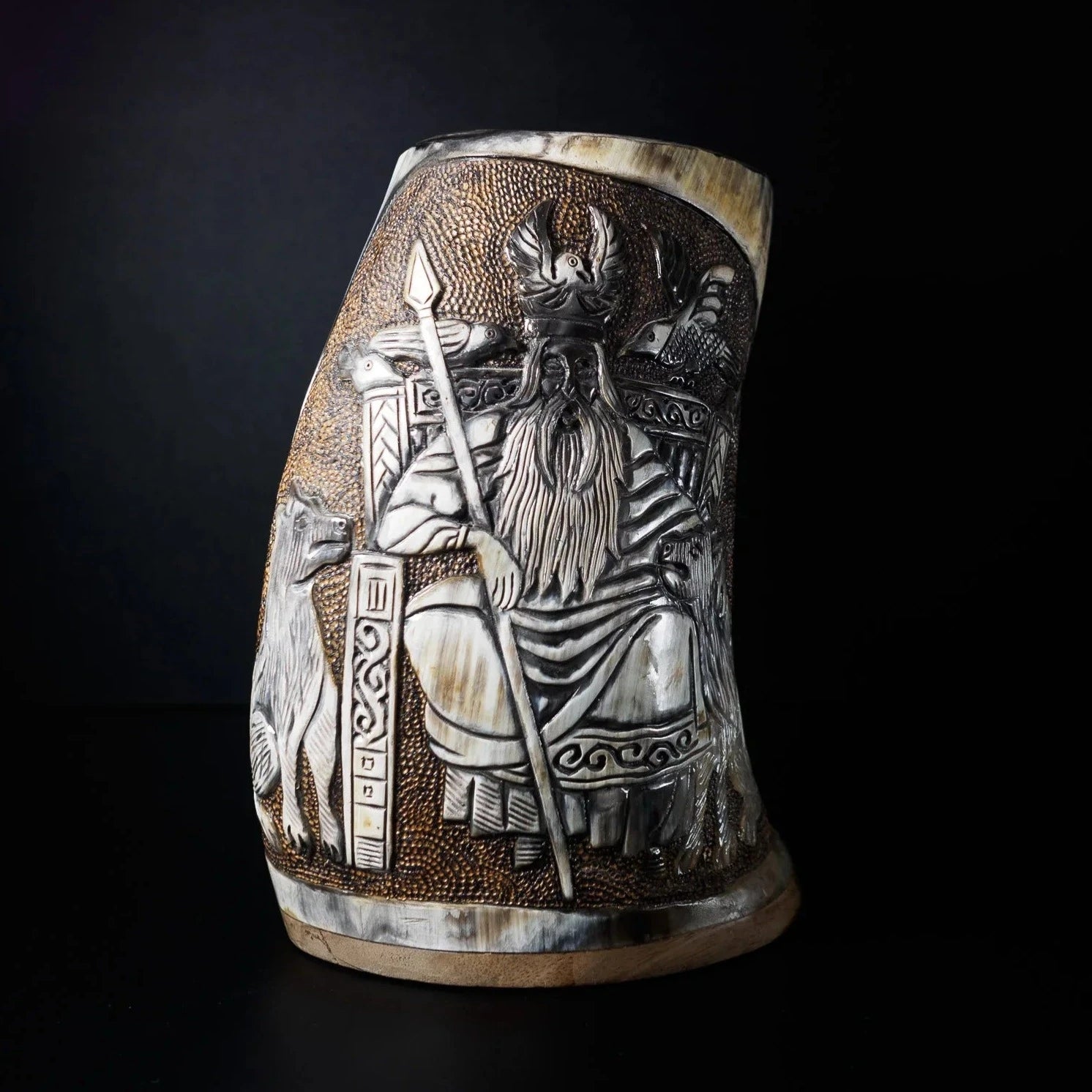 Hand carved horn mug, Allfather Odin