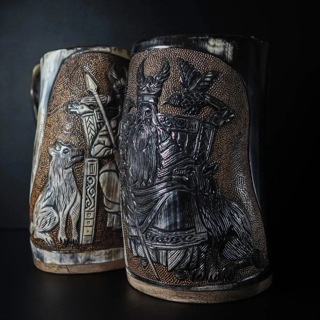 Hand carved horn mug, Allfather Odin