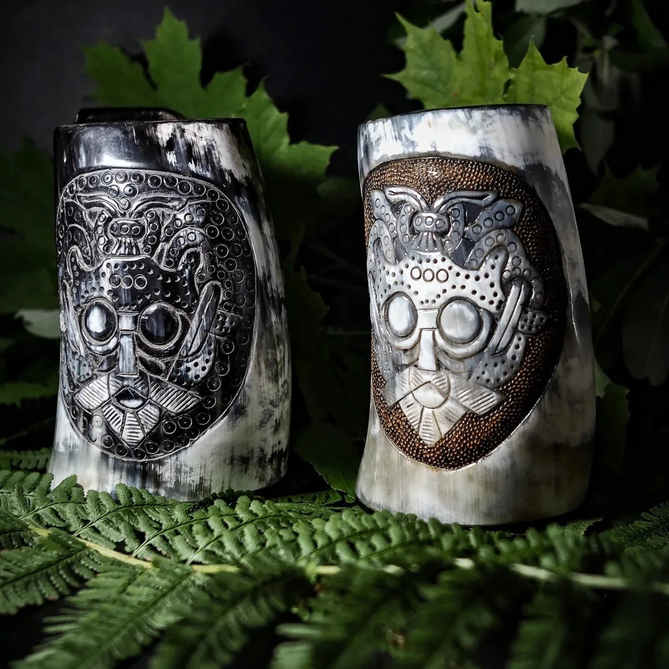 Hand-carved horn mug, Loki mask 500-600 ml