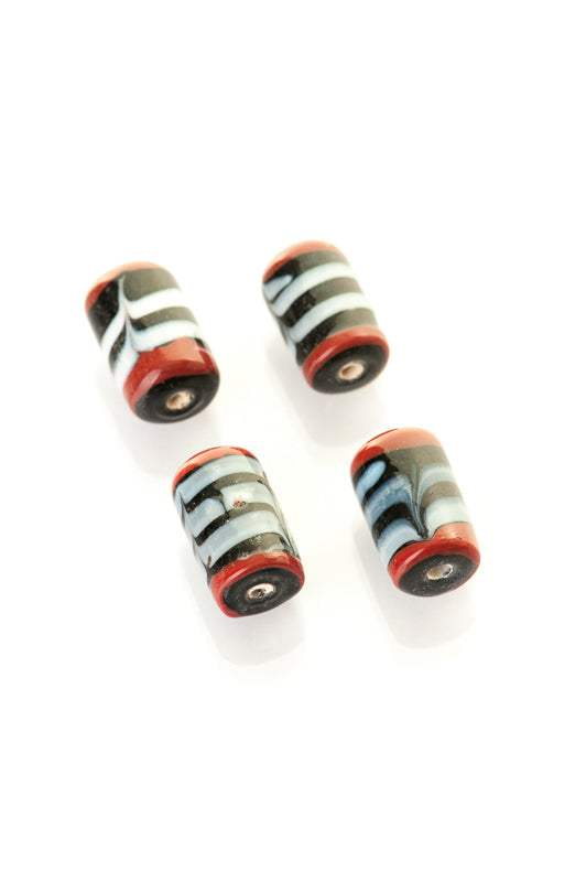 Black glass bead with grey/red decor, 100 grams